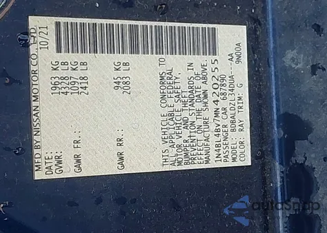 2021 Nissan Altima S Fwd z USA, uszkodzony, nr VIN 1N4BL4BV7MN420255